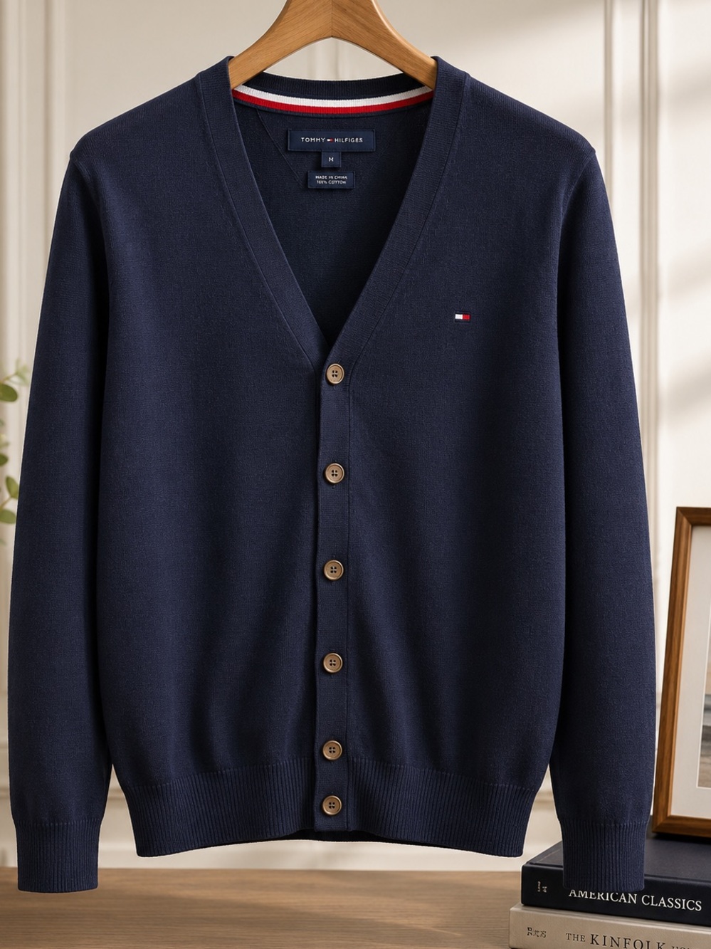 Tommy Hilfiger Navy V-Neck Button Cardigan with Logo Detail